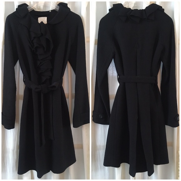 Rebecca Taylor Belted Ruffle Coat BLACK 2/4/6/XS/S - Picture 3 of 8